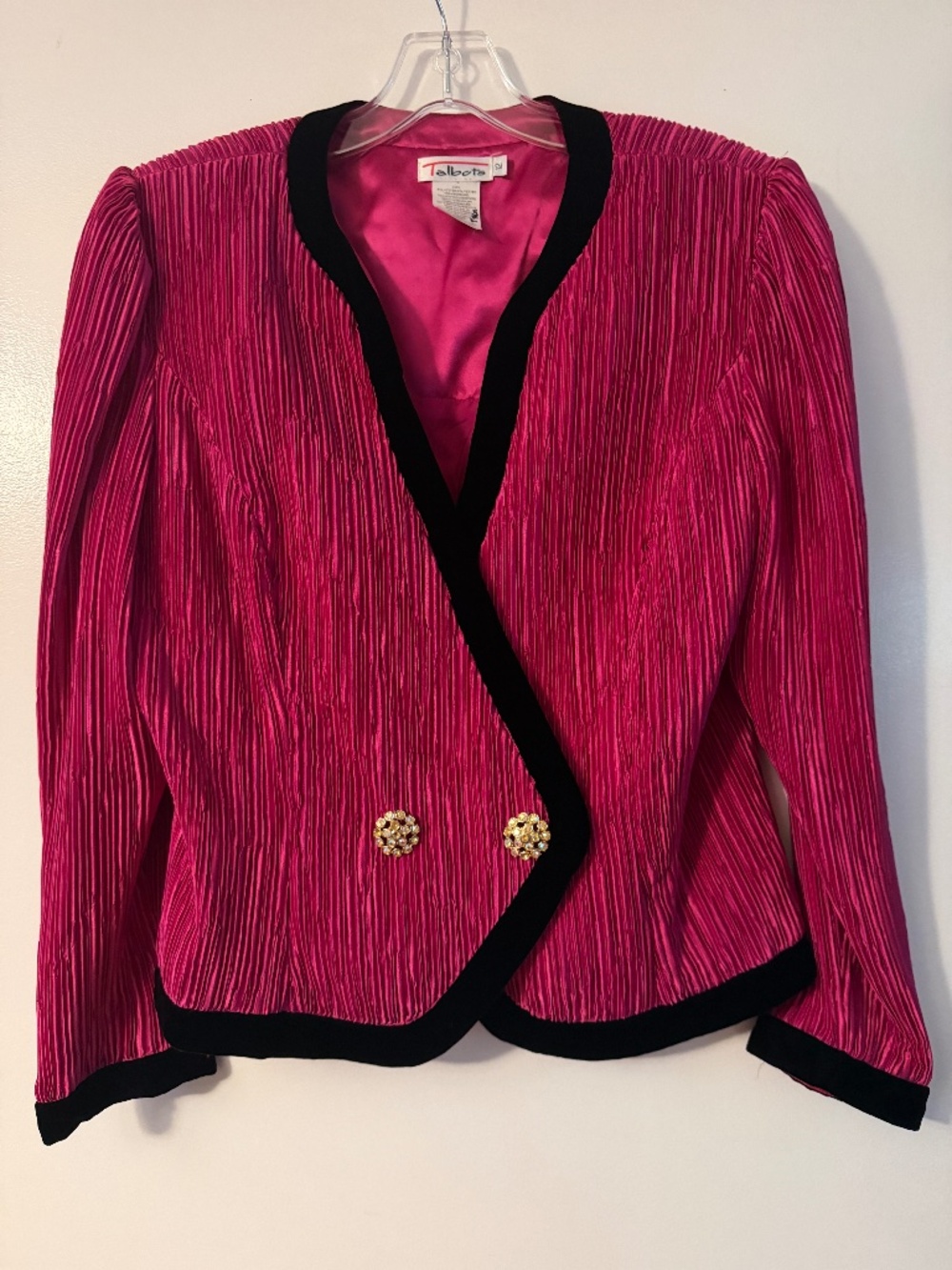 Vintage Talbots Fuchsia Crinkle Blazer w/ Black Velvet Trim Sz 12 Gold Buttons